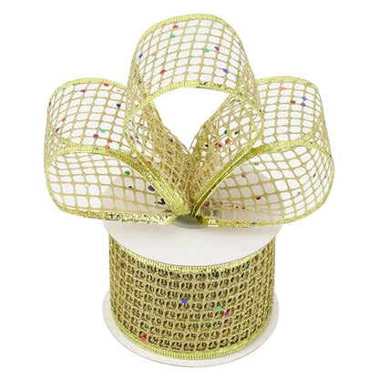 Gold Glitter Christmas Ribbon 2.5 Inch Square Mesh Net Wired Ribbons with Rainbow Sparkle Wired Ribbons Gold Ribbon for Christmas Tree Decoration (30 Foot)