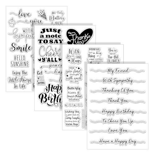 4 Sheets Sentiment Words Clear Stamps Greeting Words Happy Birthday Silicone Transparent Stamps for DIY Craft Card Making Scrapbooking Embossing Album Decor (4 Count)