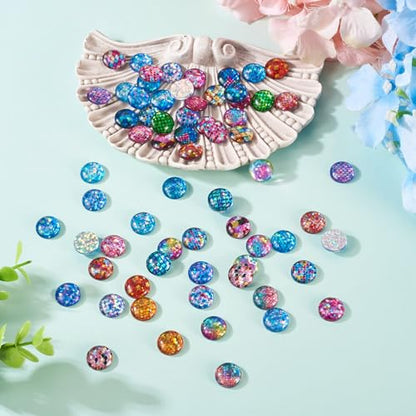 70Pcs 12mm Fish Scale Printed Glass Cabochons Mixed Colors Half Round Cameo Dome Tile Cabochon Mosaic Flatback Dome Glass Cabochon for DIY Bracelets Necklace Scrapbooking DIY Crafts