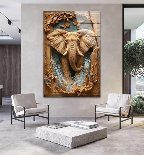 24Wx30H'' Elephant Carving Glass Wall Art Tempered Glass Printing Wall Decor Large Wall Art Wall Hangings