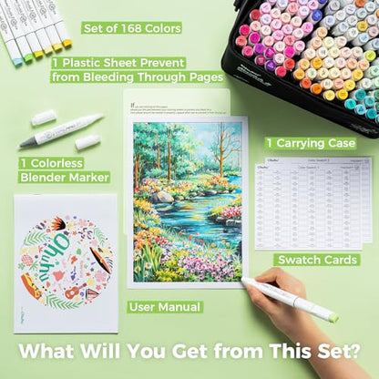 Alcohol Markers Brush& Fine 168 Colors for Adults Coloring Refillable (169 Count)