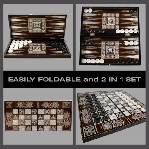 Park&Oz Pearl Premium Turkish Backgammon and Checkers Set 19 Inch Handmade 2 in 1 Wooden Board Game with Glossy Finish Luxury Checkers and Dice Travel Friendly and Foldable