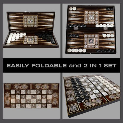 Park&Oz Pearl Premium Turkish Backgammon and Checkers Set 19 Inch Handmade 2 in 1 Wooden Board Game with Glossy Finish Luxury Checkers and Dice Travel Friendly and Foldable