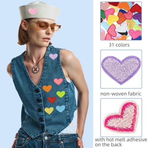 62 Pcs Colorful Embroidered Iron on Heart Patches Hearts Iron on Patches Mini Tiny Fabric Heart Sew on Patch (62 Count)