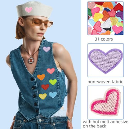 62 Pcs Colorful Embroidered Iron on Heart Patches Hearts Iron on Patches Mini Tiny Fabric Heart Sew on Patch (62 Count)
