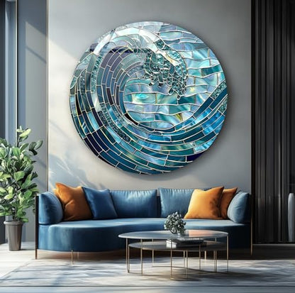 39,4''(100cm) Diameter Ocean Wave in Blue Mosaic Round Glass Wall Art Tempered Glass Printing Wall Decor Large Wall Art Wall Hangings