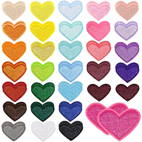 62 Pcs Colorful Embroidered Iron on Heart Patches Hearts Iron on Patches Mini Tiny Fabric Heart Sew on Patch (62 Count)