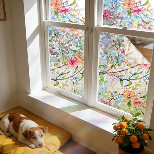 Stained Glass Window Film Rainbow Floral Static Cling Window Film Flower Window Privacy Film No Glue Decorative Window Cling UV Blocking Heat Control Glass Windows Stickers