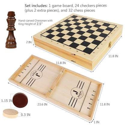 4-in-1 Wooden Fast Sling Puck Set for Kids and Adults, Chess, Checkers, Tic Tac Toe Games, Travel Portable Folding Tabletop Chess Board Game Sets, Interactive Families Toys