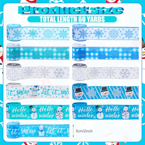 12 Rolls Winter Wired Ribbon 2x5Yd Snowman Glitter for Wreaths (12 Count)