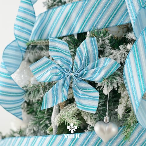 Blue Diagonal Stripe Ribbon 2.5 Inch Blue Satin with Turquoise and Teal Glitter Wired Ribbon for Wreath Bow (30 Foot)