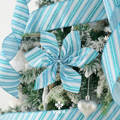 Blue Diagonal Stripe Ribbon 2.5 Inch Blue Satin with Turquoise and Teal Glitter Wired Ribbon for Wreath Bow (30 Foot)