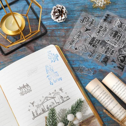 4 Sheets Christmas Clear Stamps Greeting Words Nativity Scene Silicone Transparent Stamps Holy Night Stamp for Xmas DIY Craft Card Making Scrapbooking Embossing Album Decor (4 Count)