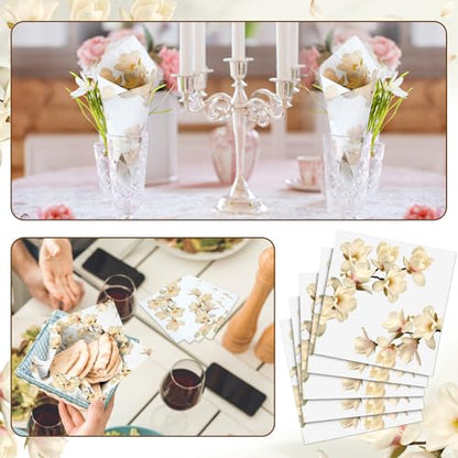60 Pcs White Magnolia Floral Cocktail Paper Napkins 6.5 x 6.5 Inch (60 Count)