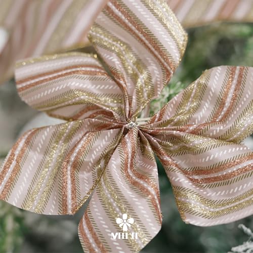 Pink Diagonal Striped Ribbon 2.5 Inch Blue Satin with Rose Gold and Champagne Glitter Wired Ribbon for Christmas Tree (30 Foot)