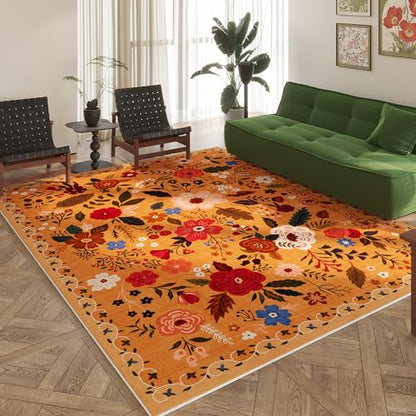 Living Room Rug 6x9 Rug Machine Washable Boho Area Rug Non Slip Floral Vintage Low Pile Large Rug for Living Room