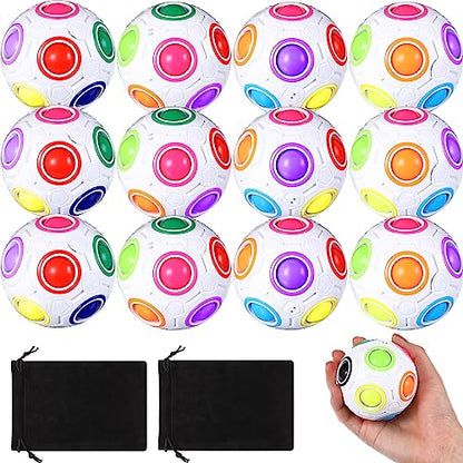 12 Pack Rainbow Puzzle Balls Magic Fidget Balls with 2 Pcs Pouches Fidget Toys for Boys and Girls Funny Stress Reliever Toys for Kids Teens and Adults Back to School Birthday Gifts (12 Count)