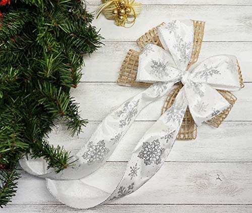 White Satin with Silver Snowflake Wired Ribbon 2.5 Inch x 10 Yards for Christmas Home Decor Tree Topper Bow Gift Wrapping DIY Crafts Wreath Garland (30 Foot)