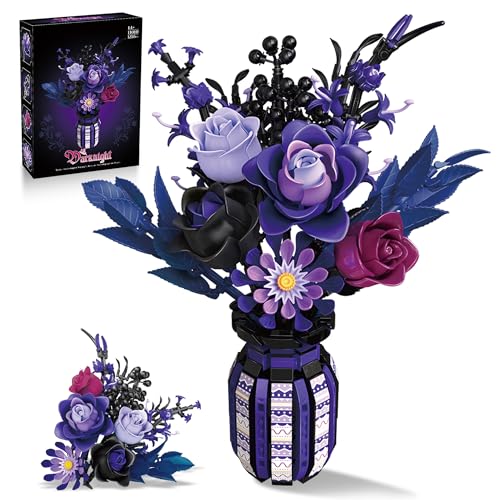 Flowers Bouquet Building Set Roses Purple Botanical Collection Gothic Gifts for Mothers Day for Women Adults Girls 14+ Home Office Decor