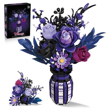 Flowers Bouquet Building Set Roses Purple Botanical Collection Gothic Gifts for Mothers Day for Women Adults Girls 14+ Home Office Decor