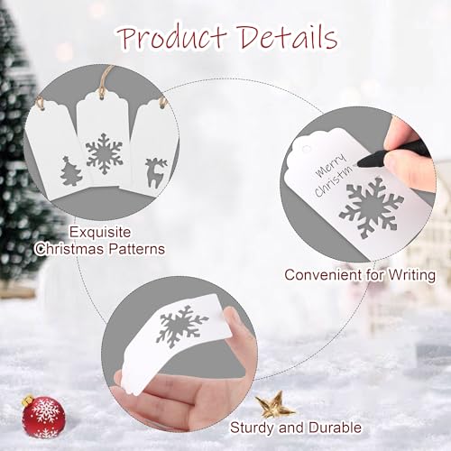 150 Pieces Christmas Paper Gift Tags White Kraft Tags Hang Labels Christmas Tree Snowflake Reindeer Design with 30 Meters Jute Twine for Christmas DIY Wrapping Favor Holiday Present