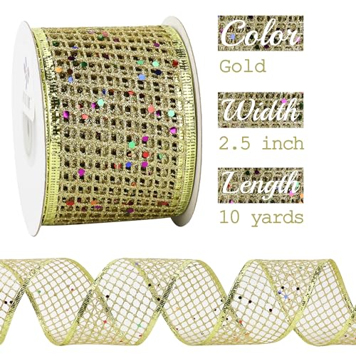 Gold Glitter Christmas Ribbon 2.5 Inch Square Mesh Net Wired Ribbons with Rainbow Sparkle Wired Ribbons Gold Ribbon for Christmas Tree Decoration (30 Foot)