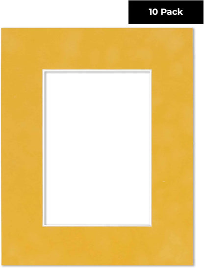 Pack of Ten 8x10 Mats Bevel Cut for 6x8 Photos - Acid Free Sunrise Yellow Suede Precut Matboards for Pictures, Photos, Framing - 4-ply Thickness