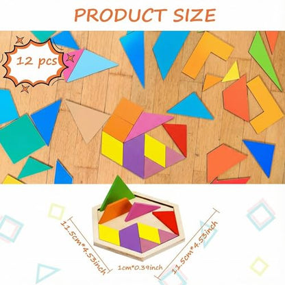 12 Pack Tangrams Wooden Puzzles Tangrams Set f Shape Puzzles Brain Logic Blocks for Games Educational Gifts for Adults Students (12 Count)