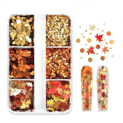 Thanksgiving Glitter Maple Leaf Nail Sequins Fall Nail Flakes Design Nail Charms Holographic Mixed Color 3D Confetti Autumn Nail Art Stickers Maple Leaves Nail Glitter Sequins for Women (2 Ounce)