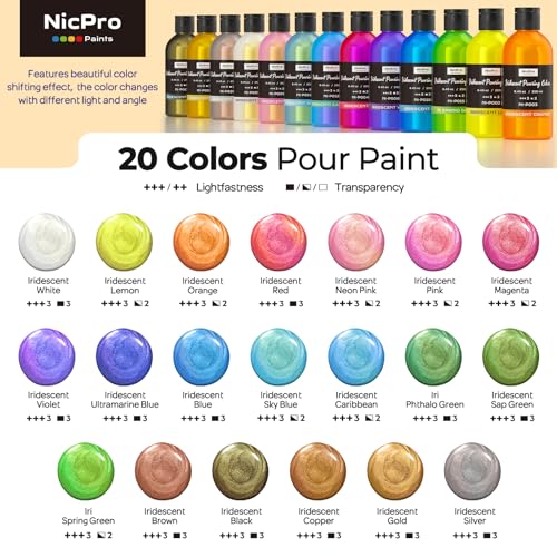20 Colors Iridescent Metallic Acrylic Pour Paint Supplies Kit 8.45oz (169 Fl Oz)