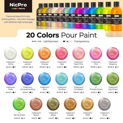 20 Colors Iridescent Metallic Acrylic Pour Paint Supplies Kit 8.45oz (169 Fl Oz)