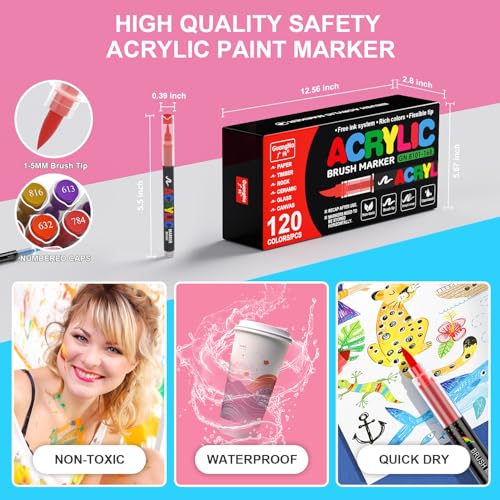 Acrylic Paint Markers for Coloring 120 Colors with 30% More Ink (120 Count)