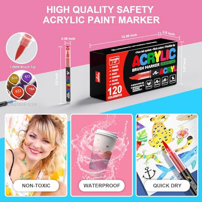Acrylic Paint Markers for Coloring 120 Colors with 30% More Ink (120 Count)