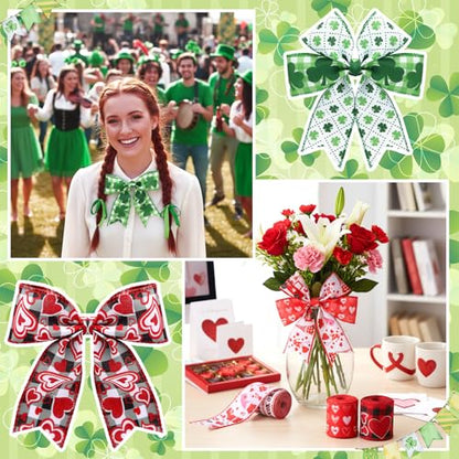 12 Rolls St. Patrick's Day Wired Edge Ribbon 2 Inch x 60 Yards Lucky Shamrock Print Craft Ribbon Valentine's Day Red Heart Gnome Truck Print Craft for St Patricks Party Supplies 12 Styles (12 Count)