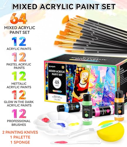 64 PCS Classic & Pastel & Metallic & Glow in the Dark Acrylic Paint Set