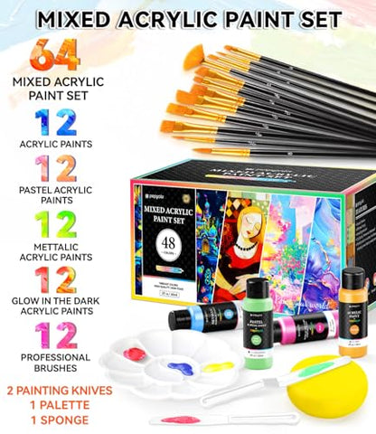 64 PCS Classic & Pastel & Metallic & Glow in the Dark Acrylic Paint Set