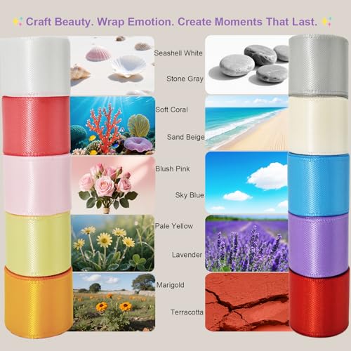 1-1/2 Inch Double-Faced Satin Ribbon 50 Yards Set,“Morning Meadow”–10 Nature Colored Ribbon Bulk for Gift Wrapping, Crafts, Flower Bouquet, Christmas Easter Wedding Party Decor, Hair & Bows (150 Foot)
