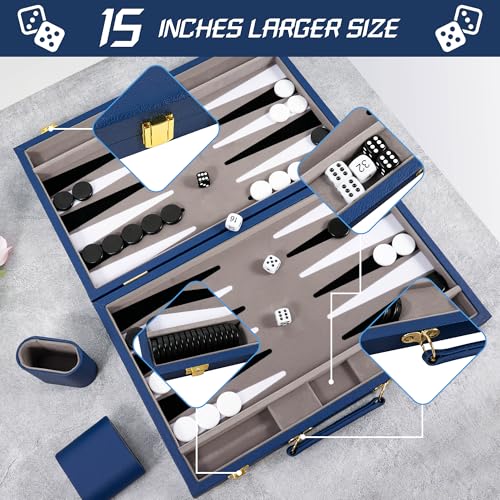 Dark Blue 15 Inch Backgammon Sets for Adults (39 Count)