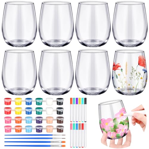 Paint Your Own Wine Glass Crafts Glass Painting DIY Markers Acrylic Paint with Brushes to Design Your Own Personalized Craft (8 Count)