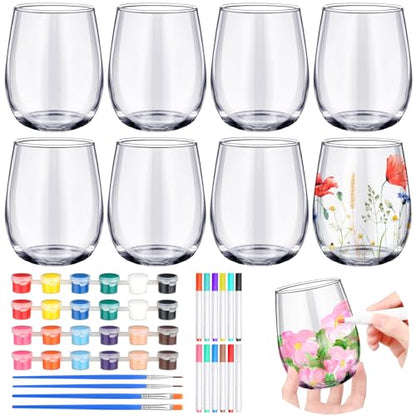 Paint Your Own Wine Glass Crafts Glass Painting DIY Markers Acrylic Paint with Brushes to Design Your Own Personalized Craft (8 Count)