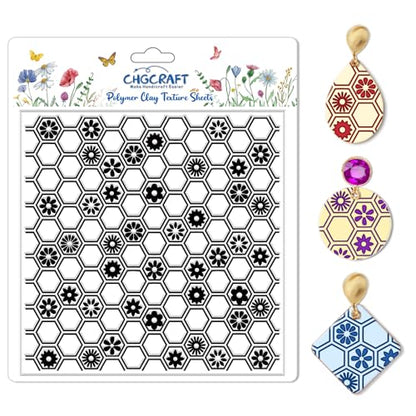 Honeycomb Pattern Polymer Clay Texture Sheet Flowers and Hexagonal Silicone Texture Mat for Polymer Clay Making Earrings Jewelry DIY Crafts 5.5 × 5.5 Inch