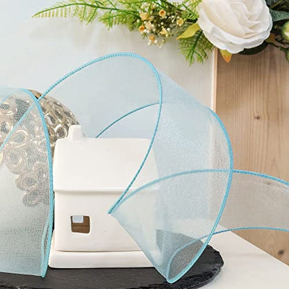Sheer Organza Wired Ribbon 2.5" x 50 Yards Blue for Wedding Chair Bow Flora Bouquet Gift Wrapping Christmas Tree Home Decor Wreath (150 Foot)