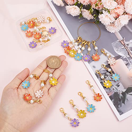 1 Box 30Pcs Stitch Markers Crochet Stitch Marker Daisy Flower Charms Pearl Beads Zipper Pull Clip On Removable Lobster Claw Clasp Charm Locking Knitting Markers for Weaving Sewing Quilting (30 Count)