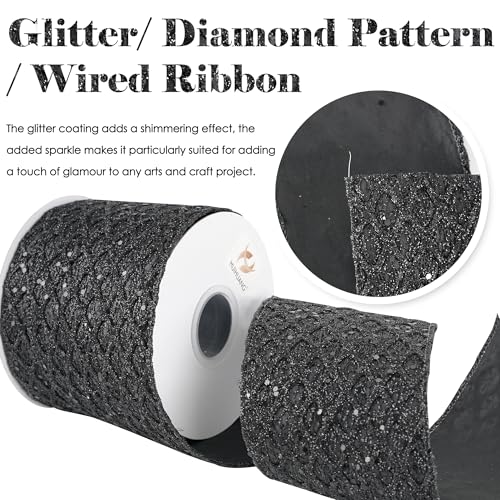 Black Glitter Diamond Wired Christmas Ribbon 4 inch x 10 Yards (30 Foot)