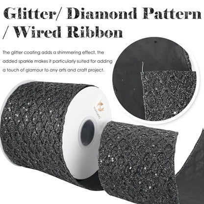 Black Glitter Diamond Wired Christmas Ribbon 4 inch x 10 Yards (30 Foot)