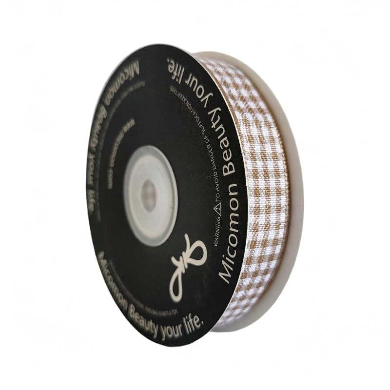 Khaki and White Woven Edge Plaid Ribbon 100% Polyester Gingham Ribbon 25 Yards Each Roll (75 Foot)