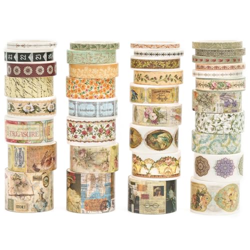 36 Rolls Vintage Washi Tape Pack Retro Arts Adhesive Tapes Wide Chronicle Decorative Masking Tape Sets for Craft (118.1102 Foot)