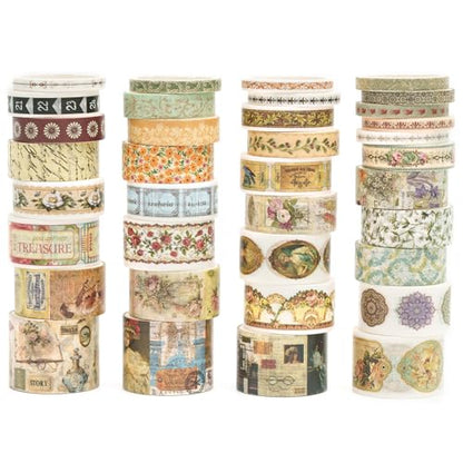 36 Rolls Vintage Washi Tape Pack Retro Arts Adhesive Tapes Wide Chronicle Decorative Masking Tape Sets for Craft (118.1102 Foot)