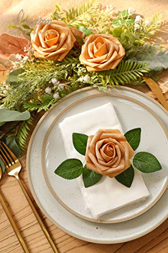 Artificial Flowers 50pcs Real Looking Gold Foam Fake Roses with Stems for DIY Wedding Bouquets Bridal Shower Centerpieces Floral Arrangements Party Tables Home Decorations (50 Count)