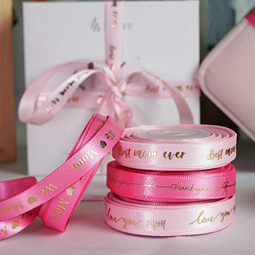 Pink Ribbon for Gift Wrapping Thank You Just for You Ribbon Mothers Day Gift Box Double Face Satin Assortment Thin Pink Satin Fabric (150 Foot)